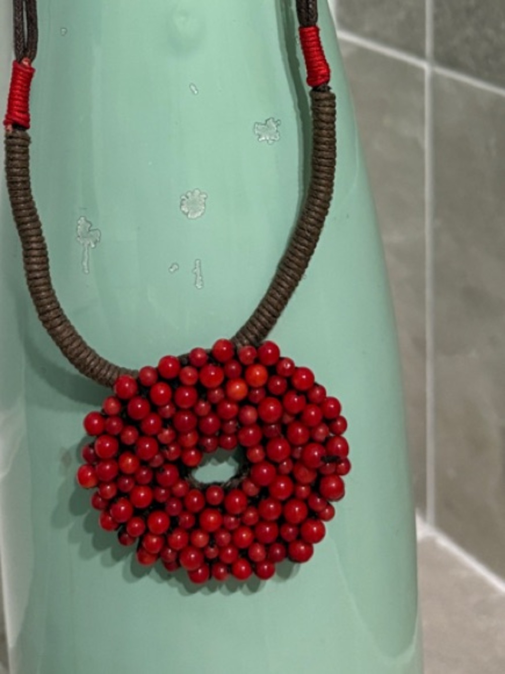 Handmade Red Beaded Circle Pendant Necklace - Women Jewelry